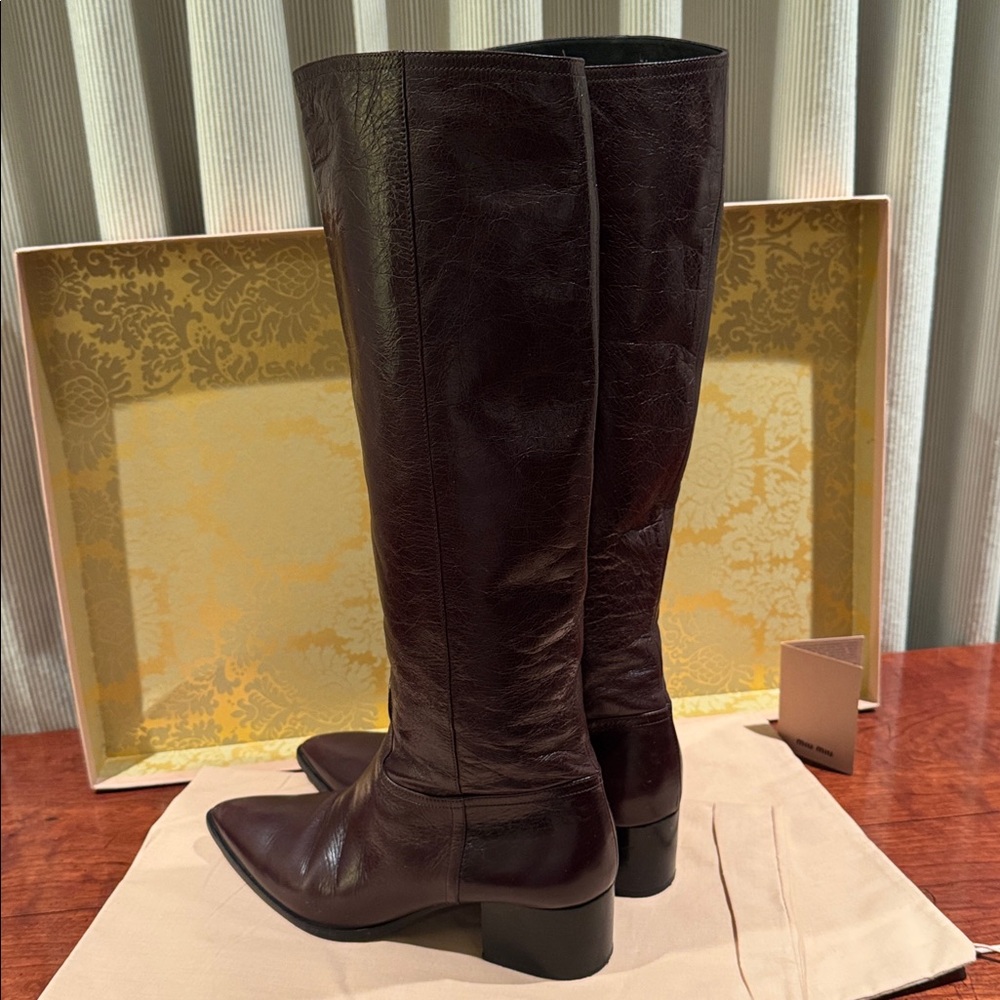 MIU MIU VITELLO SHINE BROWN TALL LEATHER BOOTS SIZE EU 37.5 - Picture 3 of 12